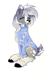 Size: 790x1128 | Tagged: safe, artist:lambydwight, oc, oc only, oc:silverlining, deer, deer pony, original species, clothes, cute, deer oc, eyes closed, ocbetes, simple background, sitting, solo, string lights, white background