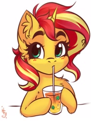 Size: 1200x1600 | Tagged: safe, artist:falafeljake, sunset shimmer, pony, unicorn, blushing, bushy brows, cute, drinking, drinking straw, ear fluff, female, mare, shimmerbetes, simple background, solo, thick eyebrows, white background