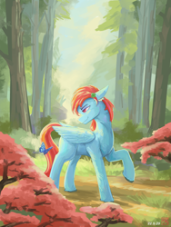 Size: 2100x2800 | Tagged: safe, artist:月下枫林, oc, oc only, butterfly, pegasus, pony, flower, forest, high res, male, solo, walking