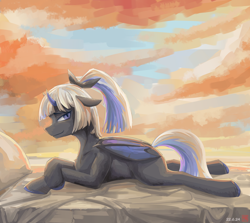 Size: 2800x2500 | Tagged: safe, artist:月下枫林, oc, oc only, bat pony, bed, female, high res, looking at you, lying down, sunset