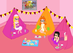 Size: 2270x1644 | Tagged: safe, artist:laiely, artist:user15432, oc, oc:aaliyah, human, equestria girls, g4, aaliyah, amulet, apple, barefoot, barely eqg related, base used, bedroom, bella parker, cake, cherry, chocolate, chocolate milk, clothes, cookie, crossover, crown, cupcake, dress, drink, drinking straw, ear piercing, earring, equestria girls style, equestria girls-ified, feet, food, fruit punch, glasses, hands on cheeks, hat, hug, jade hunter, jewelry, looking at each other, looking at someone, milk, milkshake, necklace, nightcap, nightgown, phone, piercing, pillow, pillow hug, pink dress, plate, popcorn, poppy rowan, princess daisy, princess peach, rainbow high, regalia, ruby anderson, s'mores, sandwich, skyler bradshaw, sleepover, slumber party, socks, strawberry, sunny madison, super mario bros., television, violet willow, yellow dress, zap apple
