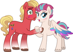 Size: 5602x4000 | Tagged: safe, artist:limedazzle, sprout cloverleaf, zipp storm, earth pony, pegasus, pony, g4, g5, my little pony: a new generation, about to kiss, absurd resolution, blushing, caught, coat markings, colored wings, commission, duo, duo male and female, female, g5 to g4, generation leap, graveyard of comments, holding hooves, hooves, kiss mark, lipstick, looking at someone, male, mare, multicolored wings, open mouth, partially open wings, ship:cloverstorm, shipping, show accurate, simple background, socks (coat markings), spread wings, stallion, standing, straight, surprised, transparent background, unshorn fetlocks, wings