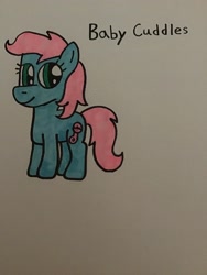 Size: 2448x3264 | Tagged: safe, artist:maddiedraws5678, baby cuddles, earth pony, pony, g1, g4, baby, baby cuddles being a tomboy, baby pony, blue coat, cuddlebetes, cute, female, filly, foal, full body, g1 to g4, generation leap, high res, hooves, pink hair, pink mane, pink tail, simple background, smiling, solo, standing, tail, teal eyes, tomboy, traditional art, white background