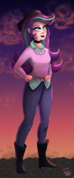 Size: 546x1310 | Tagged: safe, artist:scarlett-letter, starlight glimmer, human, g4, beatnik, beret, clothes, female, hat, humanized, looking up, redraw, smiling, solo, sweater