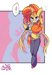 Size: 1400x2000 | Tagged: safe, artist:sozglitch, sunset shimmer, alicorn, anthro, g4, alicornified, belly button, belly piercing, bellyring, bracelet, breasts, busty sunset shimmer, butt wings, ear piercing, earring, exclamation point, glasses, jewelry, midriff, piercing, race swap, selfie, shimmercorn, solo, wings