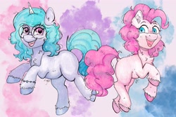 Size: 4096x2732 | Tagged: safe, artist:lightisanasshole, izzy moonbow, pinkie pie, earth pony, pony, unicorn, g4, g5, abstract background, bracelet, colored hooves, cute, dock, duo, duo female, ear fluff, female, glasses, hoof fluff, izzy and her heroine, izzybetes, jewelry, looking at you, looking back, open mouth, raised hoof, smiling, tail, traditional art, watercolor painting
