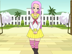 Size: 800x600 | Tagged: safe, artist:kennyvstheuniverse, fluttershy, human, g4, big breasts, boots, breasts, busty fluttershy, clothes, female, humanized, kisekae, shirt, shoes, skirt, socks, solo, striped socks, uniform