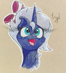 Size: 1492x1636 | Tagged: safe, artist:engi, oc, oc only, oc:midnight ink, pony, unicorn, bow, chest fluff, female, freckles, hair bow, happy, open mouth, outline, poggers, simple background, solo, traditional art, watercolor painting, white outline