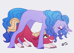 Size: 1256x901 | Tagged: source needed, safe, artist:eggoatt, izzy moonbow, sprout cloverleaf, earth pony, pony, unicorn, g5, base used, crystal, cute, duo, duo male and female, female, happy, height difference, izzy is tol, jewelry, larger female, looking at each other, looking at someone, male, mare, misleading thumbnail, not what it looks like, open mouth, open smile, pendant, ship:izzysprout, shipping, simple background, size comparison, size difference, smaller male, smiling, stallion, straight, unshorn fetlocks, white background