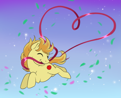 Size: 1321x1069 | Tagged: safe, artist:thechris, braeburn, earth pony, pony, g4, commission, heart, jumping, looking at you, love, ribbon, smiling, smiling at you, solo, two toned mane, your character here