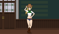 Size: 794x461 | Tagged: safe, artist:00raisergundam, applejack, human, equestria girls, g4, belt, boots, clothes, cowboy hat, hat, hot pants, kisekae, shirt, shoes, shorts, solo