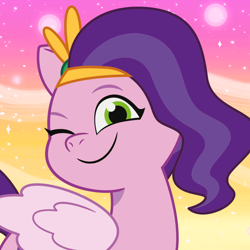 Size: 800x800 | Tagged: safe, screencap, pipp petals, pegasus, pony, g5, my little pony: tell your tale, official, abstract background, adorapipp, cropped, cute, female, headband, icon, mare, one eye closed, smiling, solo, wink, youtube