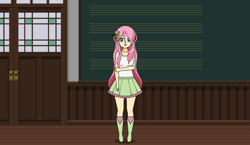 Size: 797x461 | Tagged: safe, artist:00raisergundam, fluttershy, human, equestria girls, g4, boots, clothes, female, kisekae, shirt, shoes, skirt, socks, solo