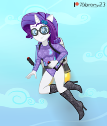Size: 1516x1779 | Tagged: safe, artist:tabrony23, rarity, equestria girls, boots, clothes, commission, female, glasses, horn, jetpack, leotard, looking at you, patreon, patreon logo, ponied up, shoes, smiling, solo, solo female