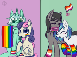 Size: 2048x1536 | Tagged: safe, artist:metaruscarlet, bon bon, dj pon-3, lyra heartstrings, octavia melody, sweetie drops, vinyl scratch, earth pony, pony, unicorn, bowtie, clothes, cute, eyes closed, face paint, female, gay pride flag, glowing, glowing horn, grin, horn, lesbian, lesbian pride flag, levitation, lyrabon, magic, mare, mouth hold, nuzzling, open mouth, pride, pride flag, pride month, rainbow socks, raised hoof, scratchtavia, shipping, smiling, socks, striped socks, telekinesis, wristband