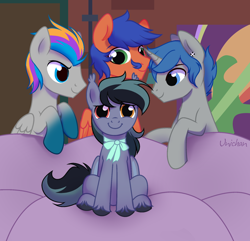 Size: 1964x1896 | Tagged: safe, artist:unichan, oc, oc:griffin, oc:pixel codec, oc:scrimmy, bat pony, pegasus, pony, unicorn, chair, circle, commission, couch, looking at someone, meme, piper perri surrounded, ych result