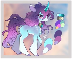 Size: 1251x1029 | Tagged: safe, artist:locksto, oc, pony, unicorn, adoptable, butt, collar, crystal horn, dock, horn, plot, purple mane, reference sheet, selling, side view, solo, tail