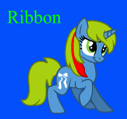 Size: 551x513 | Tagged: safe, artist:jigglewiggleinthepigglywiggle, ribbon (g1), pony, unicorn, g1, g4, blue background, cute, female, full body, g1 to g4, generation leap, green tail, green text, hooves, multicolored hair, multicolored mane, raised hoof, raised leg, ribbon being stylish, ribbondorable, shy, simple background, smiling, solo, standing, tail