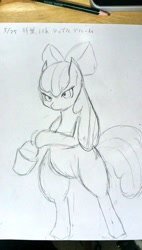 Size: 580x1024 | Tagged: safe, artist:sasamint, apple bloom, earth pony, pony, g4, bipedal, bucket, female, filly, foal, sketch, solo, traditional art