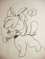 Size: 640x853 | Tagged: safe, artist:kigekigahou, apple bloom, earth pony, pony, g4, adorabloom, blushing, cute, eyes closed, female, filly, foal, mouth hold, music notes, solo, stick, traditional art