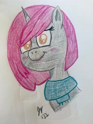 Size: 3024x4032 | Tagged: safe, artist:jesslmc16, primrose (g5), pony, unicorn, g5, my little pony: a maretime bay adventure, clothes, colored pencil drawing, female, game, mare, scarf, solo, traditional art