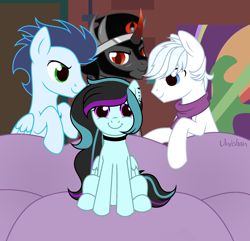 Size: 1964x1896 | Tagged: safe, artist:unichan, double diamond, king sombra, soarin', oc, oc:rosalina skies, alicorn, earth pony, pegasus, pony, g4, blue eyes, choker, clothes, commission, couch, crown, green eyes, jewelry, male, meme, pegasus oc, piper perri surrounded, purple eyes, red eyes, regalia, scarf, sombralina, stallion, ych result