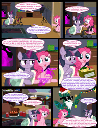 Size: 1042x1358 | Tagged: safe, artist:dendoctor, mean twilight sparkle, pinkie pie, alicorn, earth pony, pony, comic:clone.., g4, alternate universe, bauble, bell, bits, black forest cake, cactus, cake, christmas, christmas lights, clone, colored pencils, comic, cookie, decoration, female, food, glass, glowing, glowing horn, hat, hearth's warming eve, holiday, horn, jar, magic, mare, milk, paper, pencil, pinkie being pinkie, pinkie clone, quill, santa beard, santa hat, sunglasses, swear jar, telekinesis, twilight sparkle (alicorn), wreath