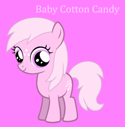 Size: 831x844 | Tagged: safe, artist:jigglewiggleinthepigglywiggle, baby cotton candy, earth pony, pony, g1, g4, baby, baby cottoncandybetes, baby pony, cute, female, filly, foal, freckles, g1 to g4, generation leap, pink background, pink eyes, pink hair, pink mane, pink tail, pink text, simple background, solo, tail