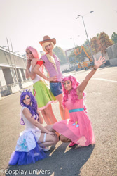 Size: 640x960 | Tagged: safe, artist:evaangelyne, applejack, fluttershy, pinkie pie, rarity, human, g4, 2015, bare shoulders, clothes, cosplay, costume, cowboy hat, hand on hip, hat, irl, irl human, photo, sleeveless