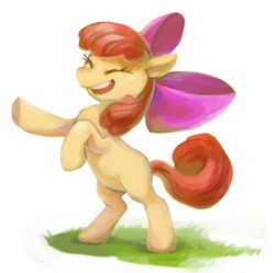 Size: 400x399 | Tagged: safe, artist:ritf1, apple bloom, earth pony, pony, g4, adorabloom, bipedal, cute, eyes closed, female, filly, foal, grin, happy, hoofy-kicks, simple background, smiling, solo, white background