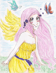 Size: 785x1018 | Tagged: safe, artist:randomninjakitty, fluttershy, butterfly, human, g4, 2012, bare shoulders, female, humanized, traditional art, wings