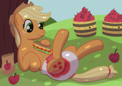 Size: 2800x1976 | Tagged: safe, artist:sweetielover, applejack, earth pony, pony, g4, apple, bag, barrel, countryside, diaper, diaper fetish, female, fetish, food, non-baby in diaper, sandwich, solo, sweet apple acres, tree