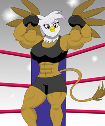Size: 1809x2166 | Tagged: safe, artist:matchstickman, gilda, griffon, anthro, g4, abs, biceps, boxing, boxing gloves, boxing ring, breasts, busty gilda, clothes, female, flexing, muscles, muscular female, rippda, shorts, solo, sports, sports bra, sports shorts