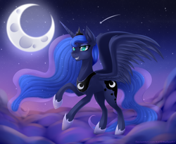 Size: 2200x1800 | Tagged: safe, artist:katethedeath1, princess luna, alicorn, pony, g4, cloud, female, mare, moon, night, shooting star, sky, smiling, solo, stars