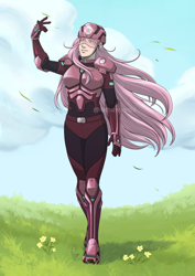 Size: 994x1406 | Tagged: safe, artist:hazurasinner, fluttershy, human, g4, body armor, boots, cloud, commission, female, field, flower, goggles, grass, grass field, helmet, humanized, shoes, signature, sky, smiling, solo, windswept hair