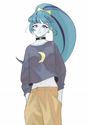 Size: 2266x3170 | Tagged: safe, artist:amazingpuffhair, sonata dusk, human, equestria girls, g4, choker, clothes, ear piercing, earring, female, hand in pocket, high res, jewelry, looking at you, midriff, pants, piercing, ponytail, shirt, simple background, smiling, solo, white background