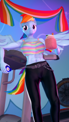 Size: 2160x3840 | Tagged: safe, artist:silkworm205, rainbow dash, pegasus, anthro, art pack:pin-up paradise 2022, g4, 3d, 4k, abs, armband, belt, chains, clothes, colored eyebrows, drink, fan, female, high res, interior, looking at you, midriff, muscles, muscular female, pants, rainbow dash's house, rainbow flag, revamped anthros, sexy, short shirt, smoothie, solo, source filmmaker, spread wings, stopwatch, stupid sexy rainbow dash, sweat, sweatpants, treadmill, wings