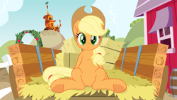 Size: 3840x2160 | Tagged: safe, artist:spookitty, applejack, earth pony, pony, g4, applejack's hat, belly, commission, cowboy hat, cute, featureless crotch, freckles, green eyes, hat, hay, hay bale, high res, jackabetes, looking at you, movie accurate, sitting, smiling, solo, underhoof, wagon