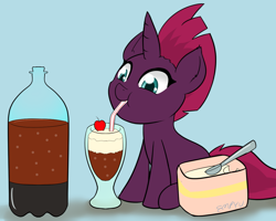 Size: 1200x960 | Tagged: safe, artist:empyu, fizzlepop berrytwist, tempest shadow, pony, unicorn, g4, cute, daaaaaaaaaaaw, drink, drinking straw, female, filly, filly tempest shadow, food, ice cream, root beer, root beer float, solo, tempestbetes, weapons-grade cute, younger