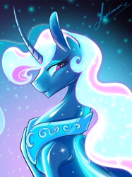 Size: 2048x2732 | Tagged: safe, artist:anekomori, princess luna, alicorn, pony, g4, blue mane, bust, colored pupils, curved horn, ethereal mane, eyelashes, female, flowing mane, folded wings, glowing mane, high res, horn, long horn, mare, night, peytral, pink eyes, portrait, signature, slender, smiling, solo, sparkles, starry background, starry mane, stars, thin, wings