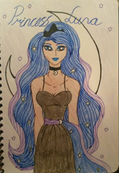 Size: 893x1292 | Tagged: safe, artist:glaceonfrozen, princess luna, human, g4, cutie mark background, female, humanized, looking at you, moon, solo, traditional art