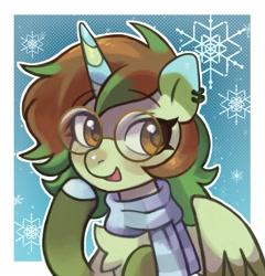 Size: 1535x1600 | Tagged: safe, artist:horseyuris, oc, oc only, alicorn, pony, bust, chest fluff, clothes, commission, ear piercing, earring, female, glasses, jewelry, mare, piercing, scarf, snow, snowflake, solo