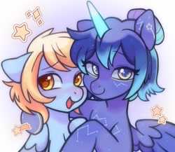 Size: 1843x1600 | Tagged: safe, artist:horseyuris, oc, oc only, alicorn, pegasus, pony, commission, constellation, duo, female, hoof around neck, looking at you, mare, open mouth, open smile, smiling, smiling at you, stars