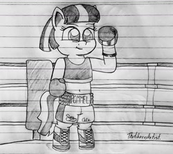 Size: 1280x1136 | Tagged: safe, artist:ct1443ae, coco pommel, earth pony, semi-anthro, g4, boxing, boxing gloves, boxing ring, boxing shoes, boxing shorts, clothes, lined paper, pencil drawing, shoes, shorts, solo, sports, traditional art