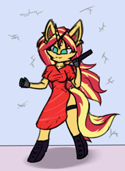 Size: 3000x4099 | Tagged: safe, artist:toxinagraphica, sunset shimmer, unicorn, anthro, unguligrade anthro, g4, >:3, boots, breasts, cheek fluff, clothes, dress, ear fluff, female, fluffy, gloves, katana, mare, shoes, solo, sword, weapon