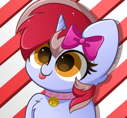 Size: 2800x2600 | Tagged: safe, artist:kittyrosie, oc, oc only, oc:cinnamon lightning, pony, unicorn, :p, abstract background, bust, chest fluff, collar, cute, eyelashes, female, high res, horn, mare, ocbetes, solo, tongue out, unicorn oc