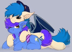 Size: 1518x1100 | Tagged: safe, artist:little-sketches, oc, oc only, oc:evening lily, oc:moonshot, bat pony, pony, baseball cap, cap, cuddling, cute, ear piercing, eveshot, female, hat, looking at each other, looking at someone, male, oc x oc, one eye closed, piercing, shipping, spread wings, straight, wings
