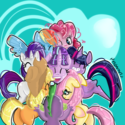 Size: 760x758 | Tagged: safe, artist:pandanx, artist:pandanx12, applejack, fluttershy, pinkie pie, rainbow dash, rarity, spike, starlight glimmer, twilight sparkle, alicorn, dragon, earth pony, pegasus, pony, unicorn, g4, ^^, applejack's hat, blue background, butt, cowboy hat, eyes closed, female, folded wings, grin, hat, heart, horn, looking at someone, male, mane seven, mane six, mare, one eye closed, open mouth, open smile, plot, s5 starlight, simple background, smiling, spread wings, twilight sparkle (alicorn), wings