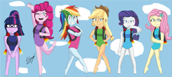 Size: 923x419 | Tagged: safe, artist:denisseguadiana, applejack, fluttershy, pinkie pie, rainbow dash, rarity, sci-twi, twilight sparkle, human, equestria girls, g4, clothes, cloud, female, flying, humane five, humane six, jetpack, leotard, sky, sky background