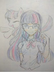 Size: 1111x1468 | Tagged: safe, artist:katanawokataru, twilight sparkle, human, pony, g4, clothes, female, glasses, horn, humanized, looking at you, mare, one eye closed, open mouth, traditional art